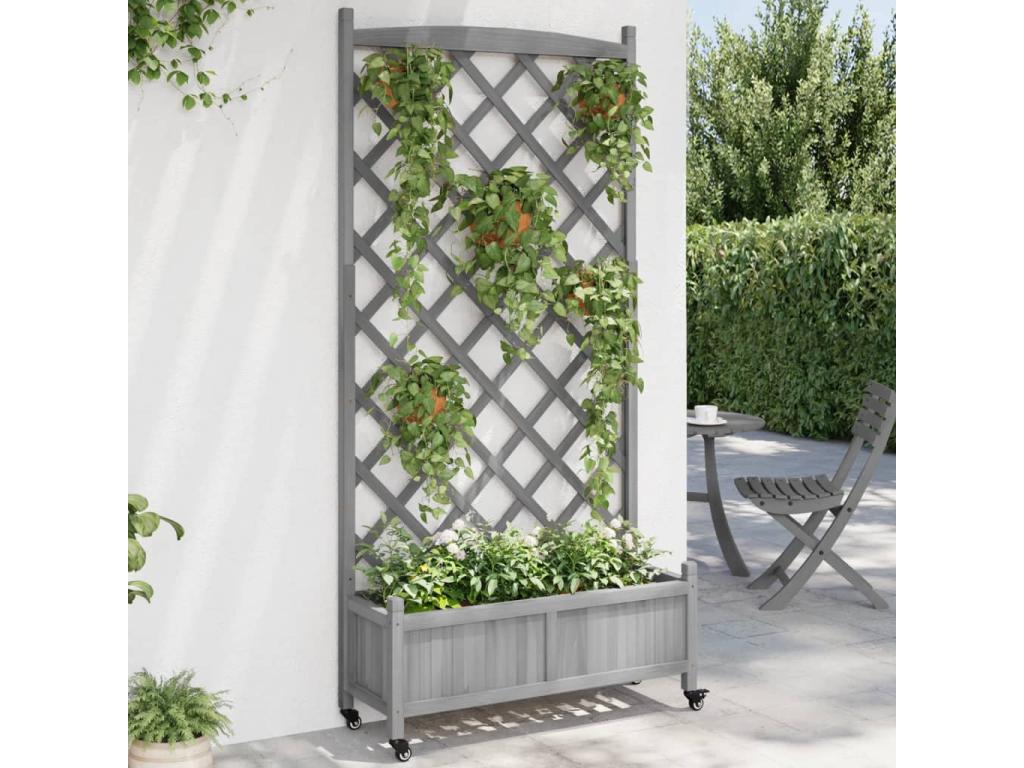 grey wooden trellis Planter with trellis and wheels, grey solid fir wood – FirmAbode