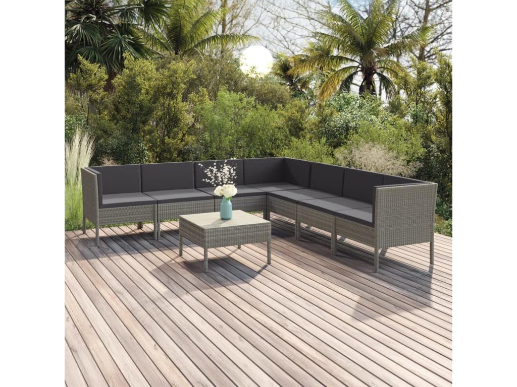 8-piece garden furniture set with cushions, Grey woven resin EHZT10559