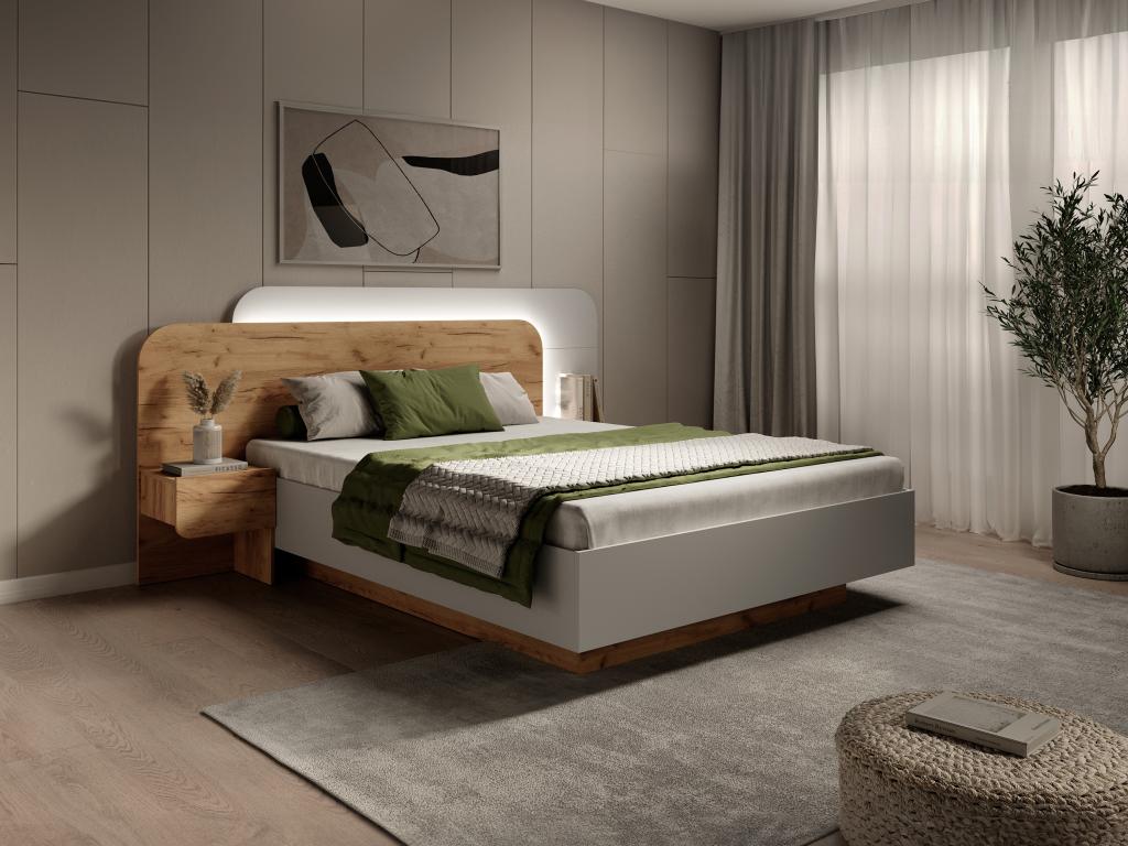 Bed with bedside tables 160x200 cm - With LEDs - Natural and white color - Meublori