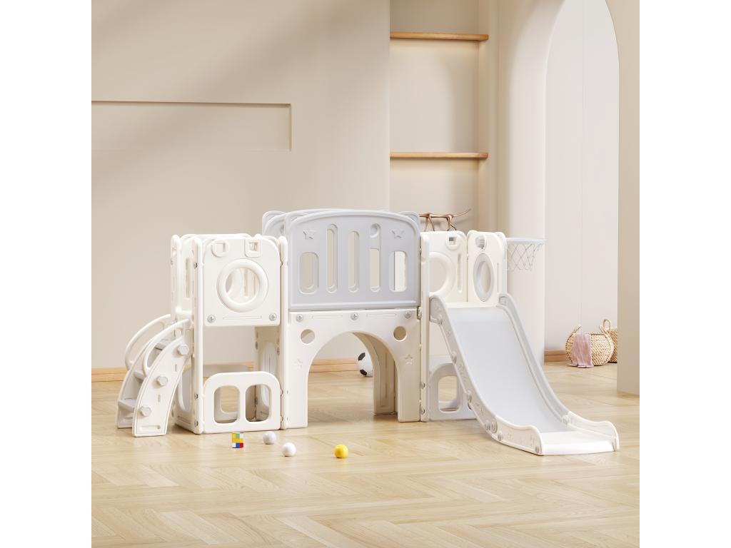 6-in-1 HDPE slide for children with platform, stairs, 2 storage areas, Meublori grey basketball hoop