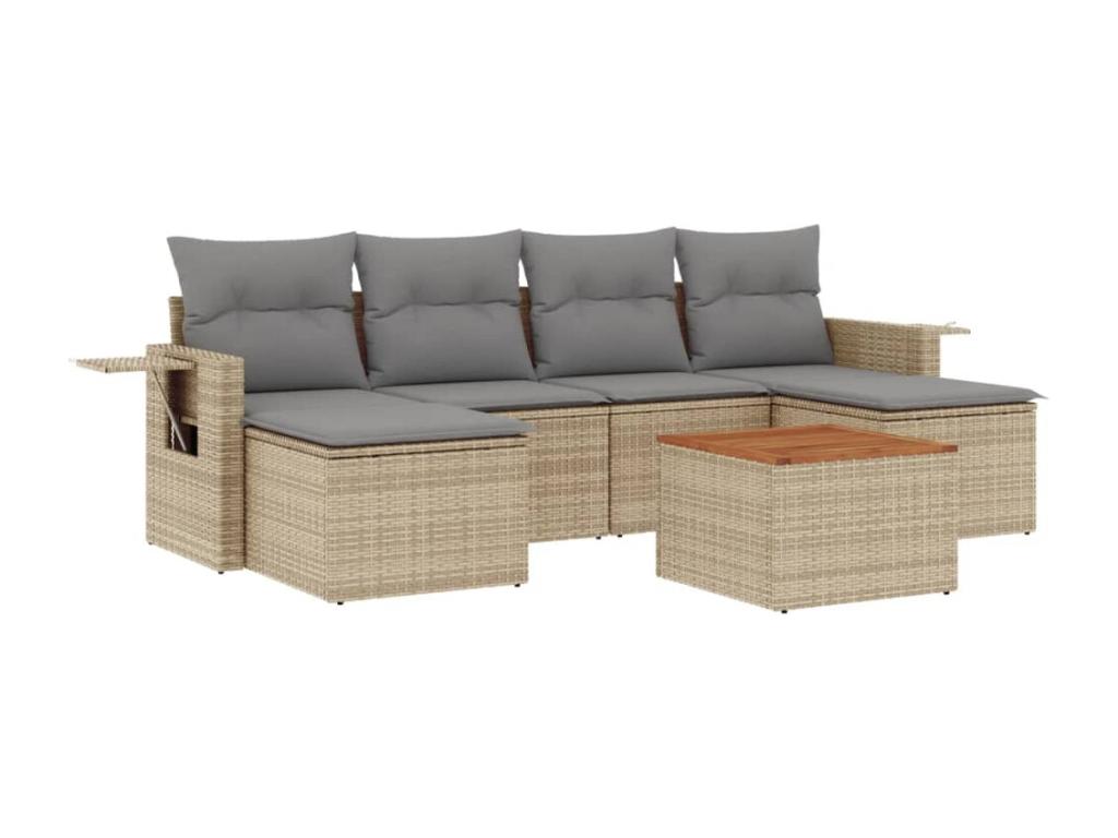 Garden furniture set with cushions, 7 pieces, beige woven resin.