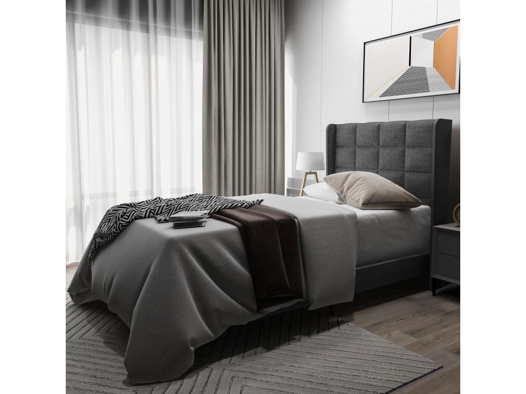 Modern Upholstered Single Bed 90x200 cm with Headboard - Slatted Base - Linen - Grey - Mattress Not Included