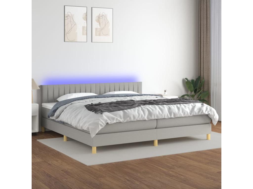 Upholstered bed base with mattress and LED light, light grey, 200x200 cm, fabric