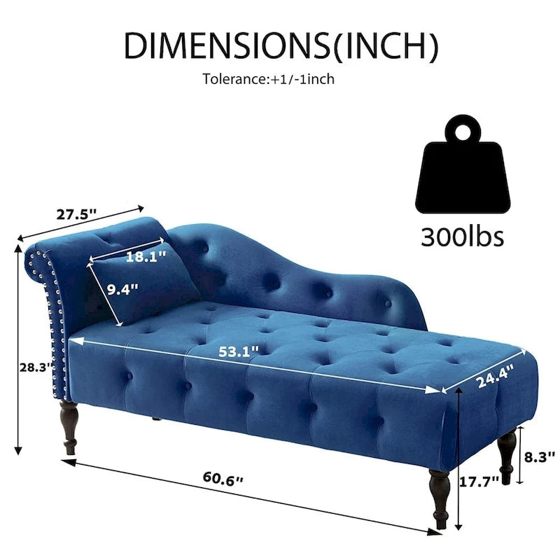 61 Velvet Chaise Lounge Chair with 1 Pillow and Nailhead Trimmed