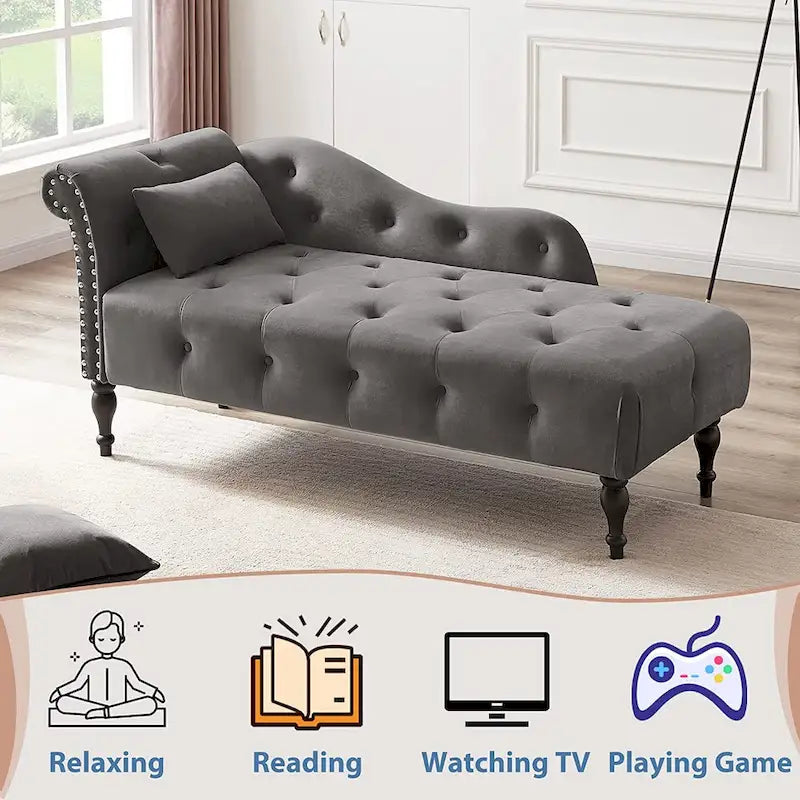 61 Velvet Chaise Lounge Chair with 1 Pillow and Nailhead Trimmed