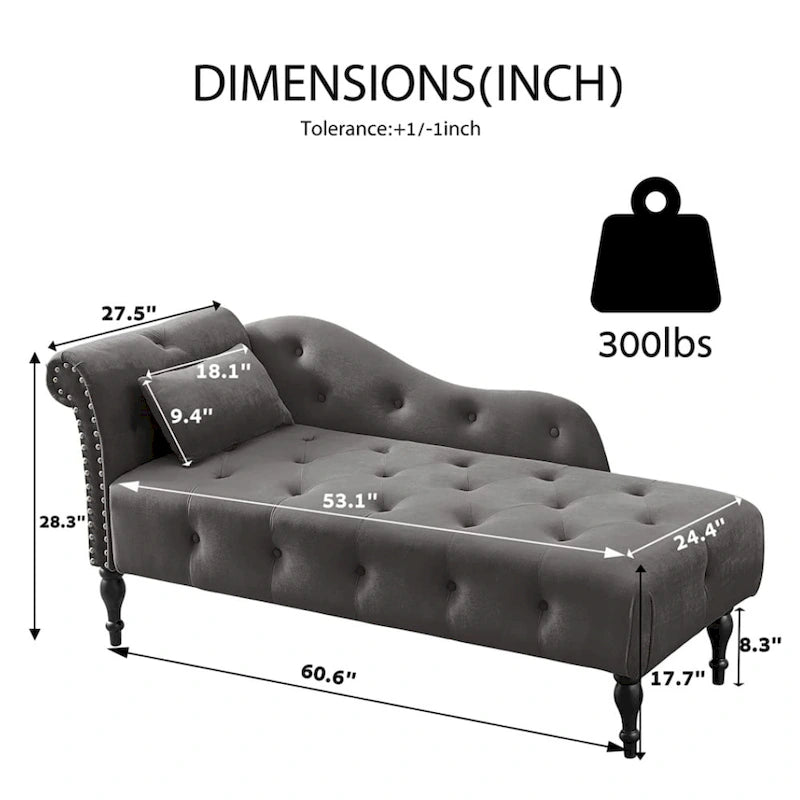 61 Velvet Chaise Lounge Chair with 1 Pillow and Nailhead Trimmed