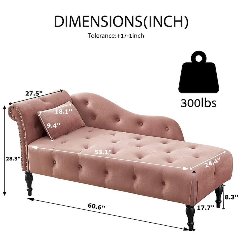 61 Velvet Chaise Lounge Chair with 1 Pillow and Nailhead Trimmed