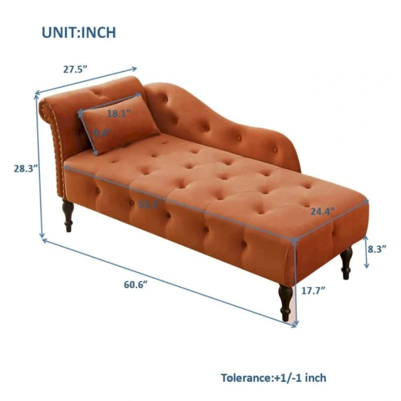 61 Velvet Chaise Lounge Chair with 1 Pillow and Nailhead Trimmed
