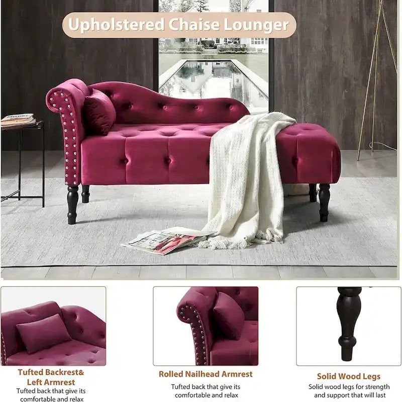 61 Velvet Chaise Lounge Chair with 1 Pillow and Nailhead Trimmed