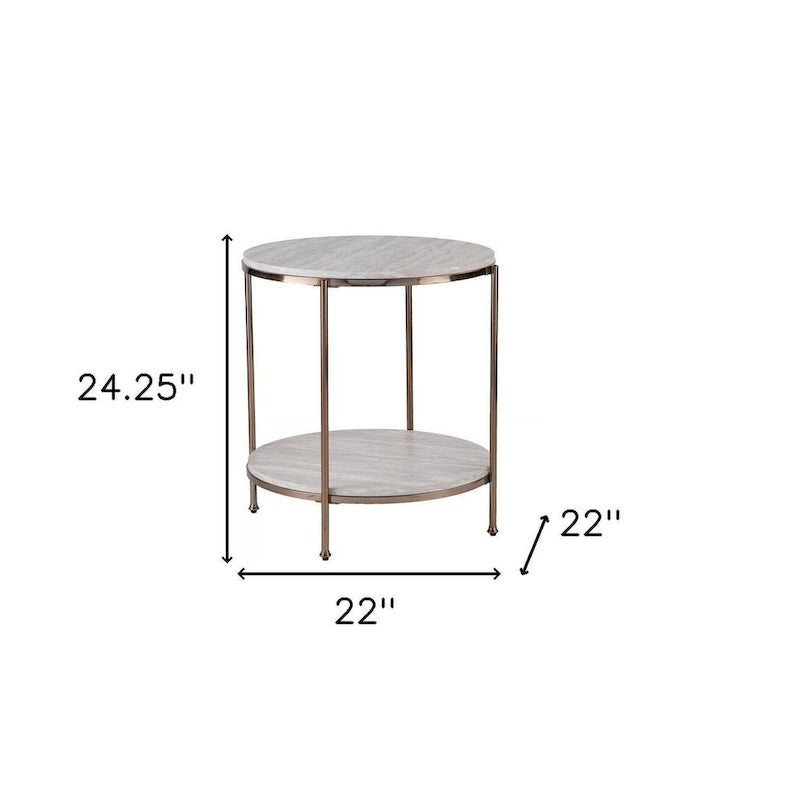 HomeRoots 24 Champagne Faux Marble And Iron Round End Table With Shelf - 22x22x24.25