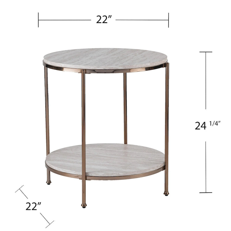 HomeRoots 24 Champagne Faux Marble And Iron Round End Table With Shelf - 22x22x24.25