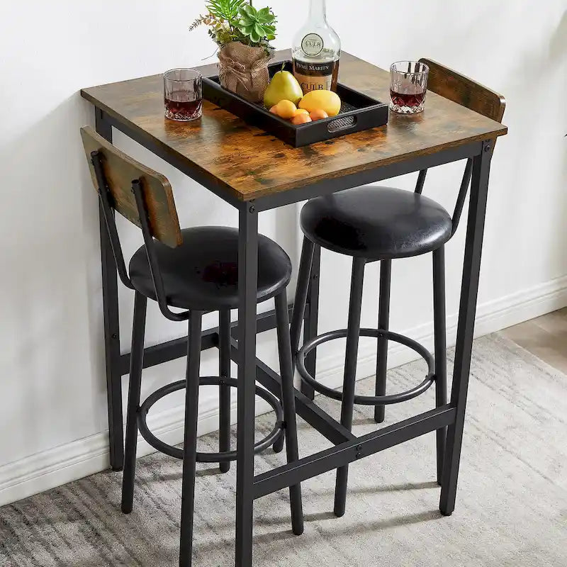 Mieres Industrial Style Rustic Farmhouse 3 Pieces Dining Table Set, Bar Table Set with 2 Bar Stools for Kitchen, Dining Room
