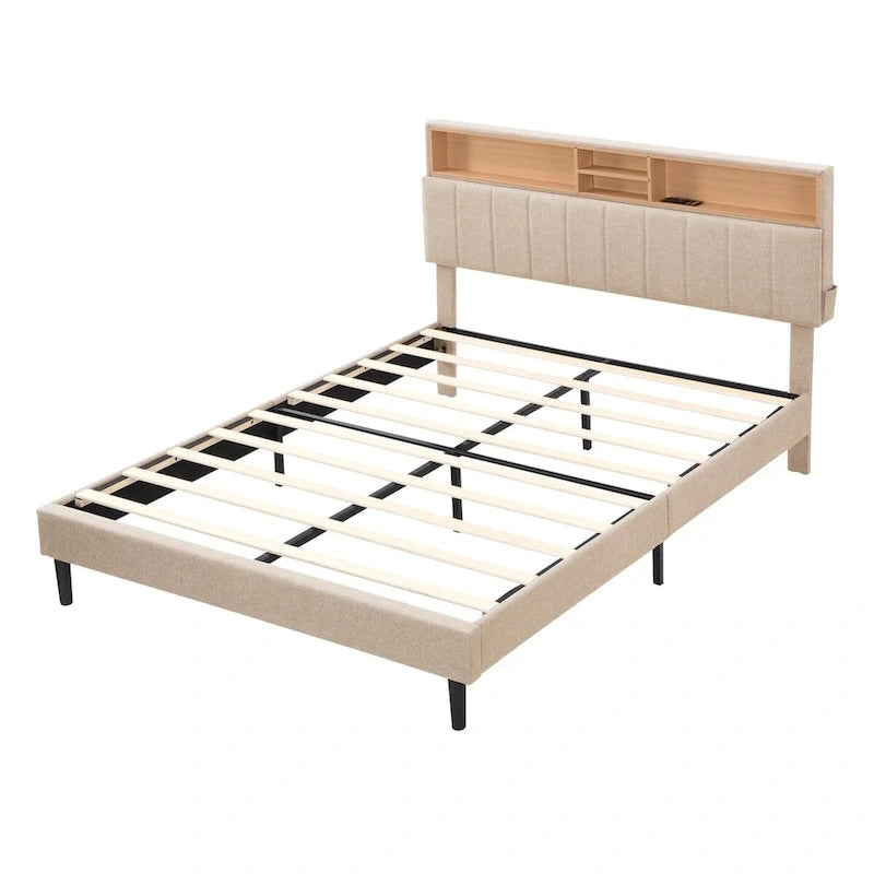Merax Upholstered Platform Bed with Storage Headboard and USB Port