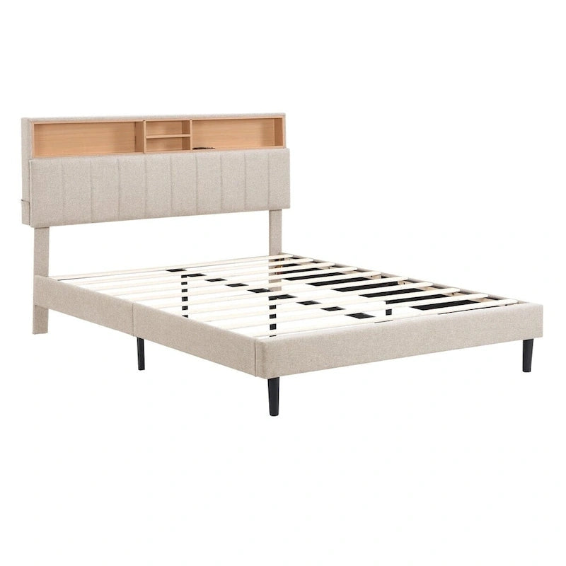 Merax Upholstered Platform Bed with Storage Headboard and USB Port