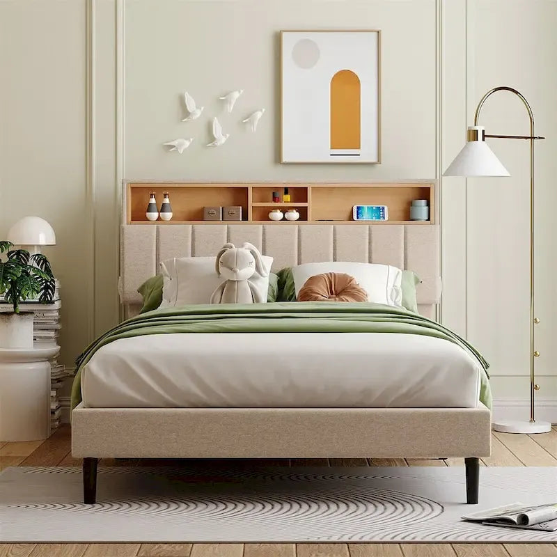 Merax Upholstered Platform Bed with Storage Headboard and USB Port