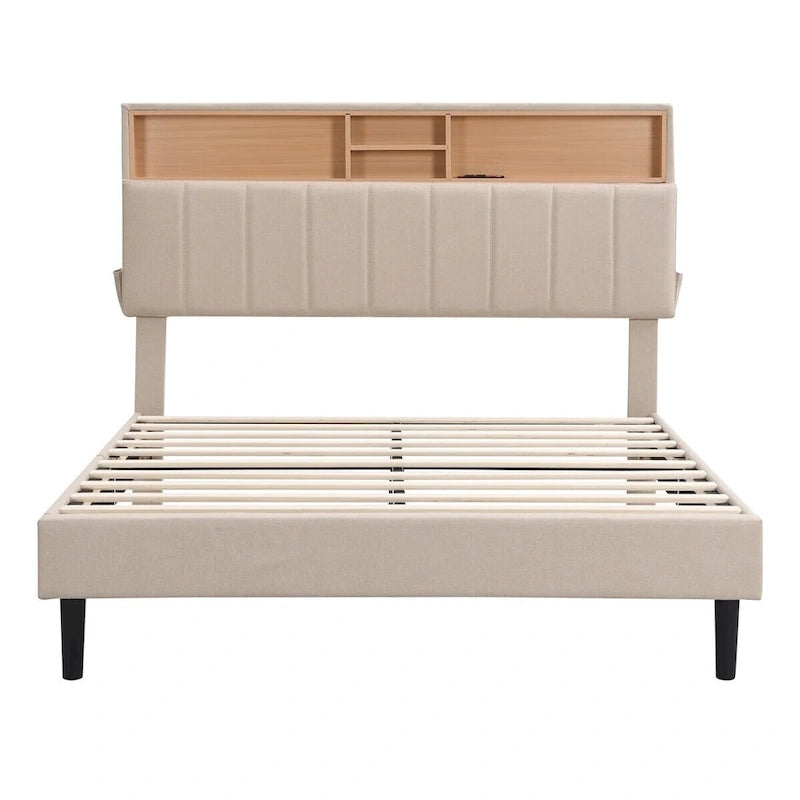 Merax Upholstered Platform Bed with Storage Headboard and USB Port