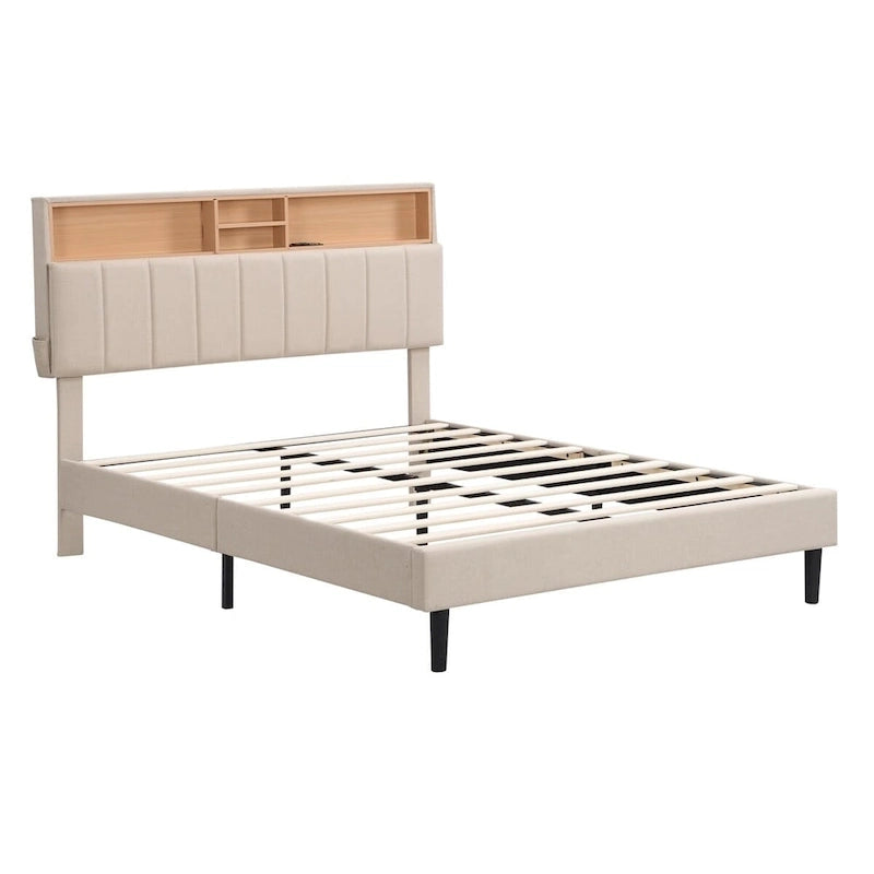 Merax Upholstered Platform Bed with Storage Headboard and USB Port