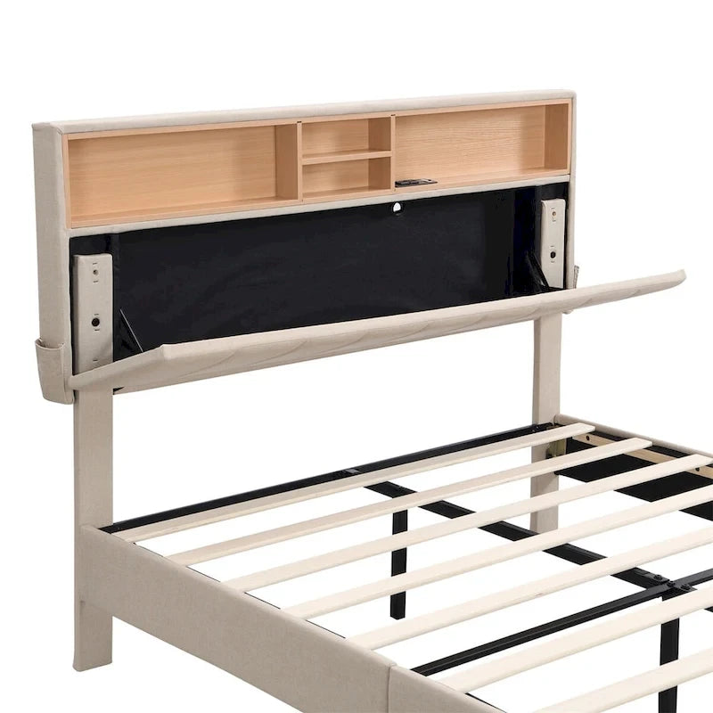 Merax Upholstered Platform Bed with Storage Headboard and USB Port