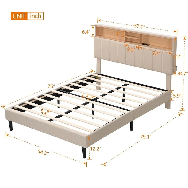 Merax Upholstered Platform Bed with Storage Headboard and USB Port