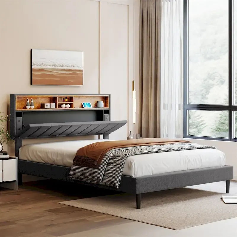 Merax Upholstered Platform Bed with Storage Headboard and USB Port