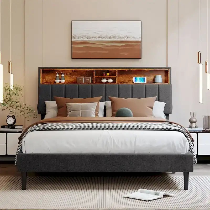 Merax Upholstered Platform Bed with Storage Headboard and USB Port