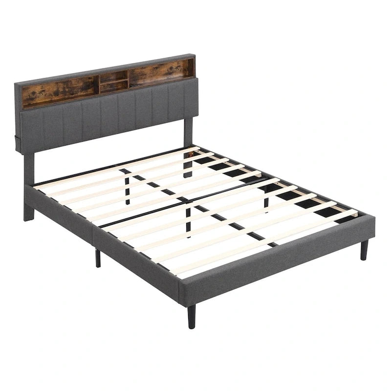 Merax Upholstered Platform Bed with Storage Headboard and USB Port