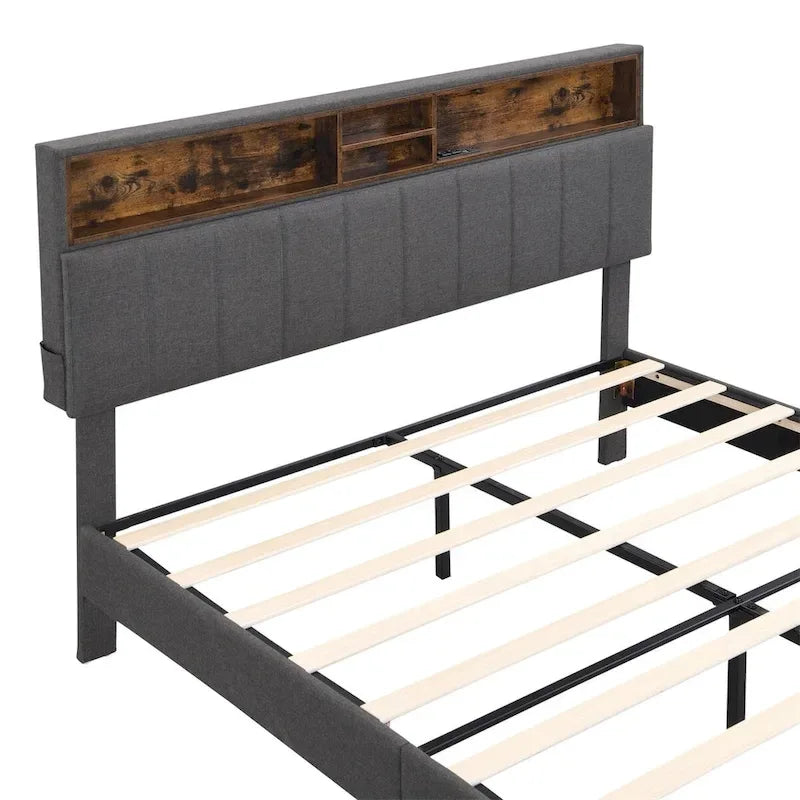 Merax Upholstered Platform Bed with Storage Headboard and USB Port