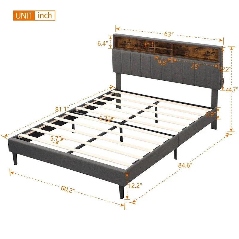 Merax Upholstered Platform Bed with Storage Headboard and USB Port