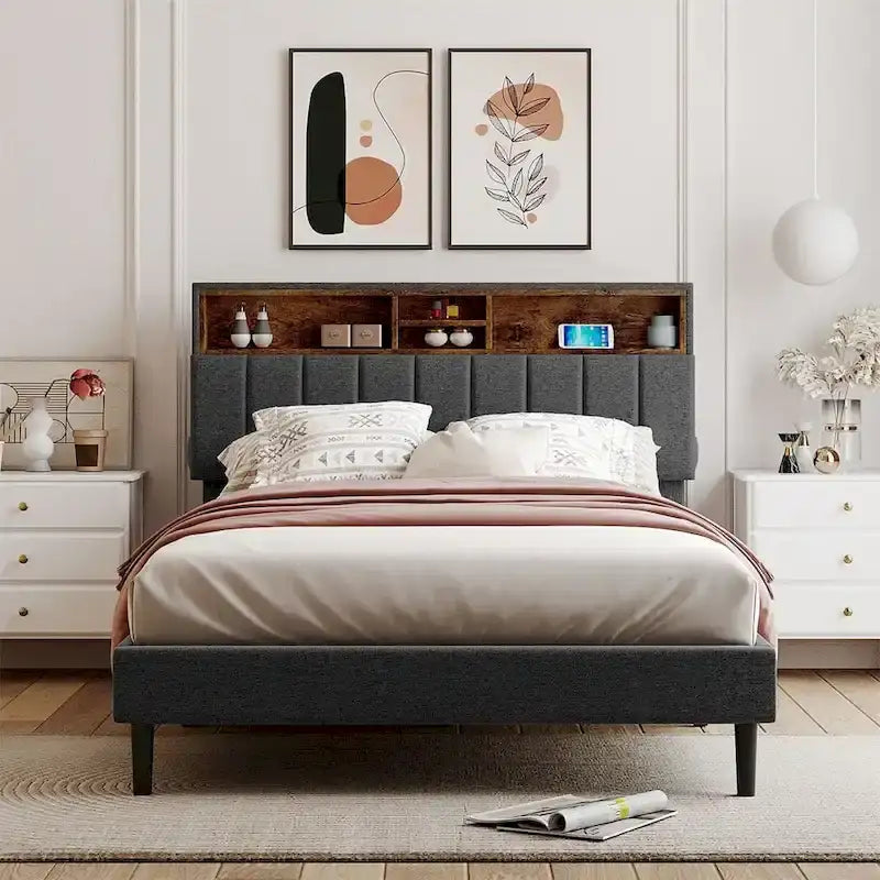 Merax Upholstered Platform Bed with Storage Headboard and USB Port