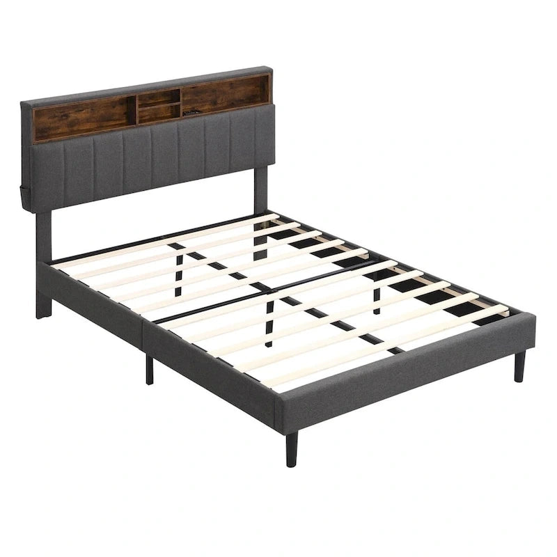 Merax Upholstered Platform Bed with Storage Headboard and USB Port
