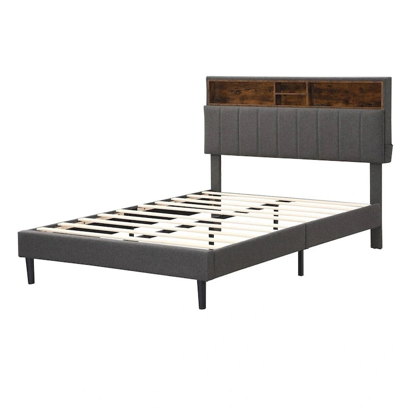 Merax Upholstered Platform Bed with Storage Headboard and USB Port