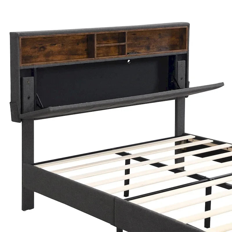 Merax Upholstered Platform Bed with Storage Headboard and USB Port