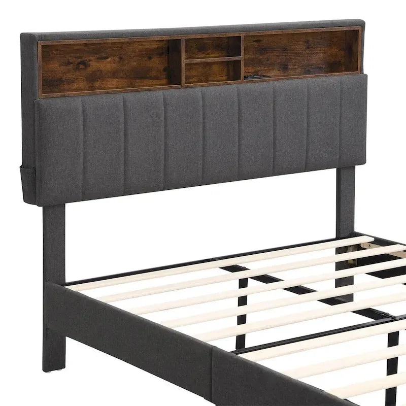 Merax Upholstered Platform Bed with Storage Headboard and USB Port