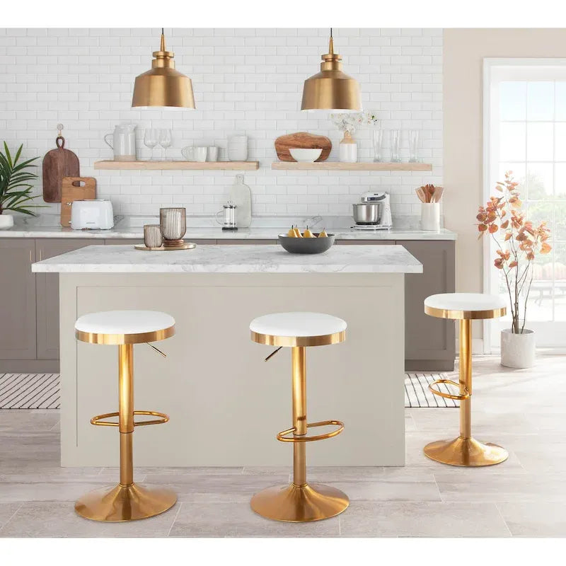 Lumisource Dakota Barstool in Gold Steel and White Leather - Set of 2 - 15Lx15Wx23-31.75H