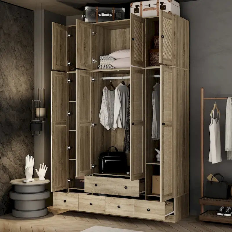 Natural Charm Wooden Armoire - Breathable Rattan Design Ample Storage