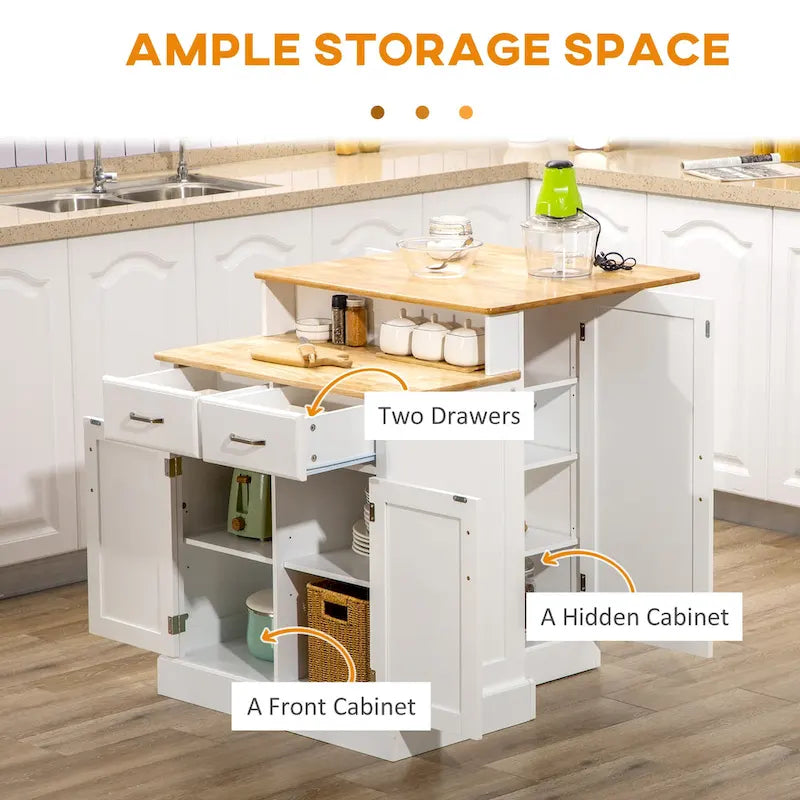 Kitchen Island with Storage Cabinet and 2-Level Rubber Wood Tabletop, Island Table with Adjustable Shelves and Drawers