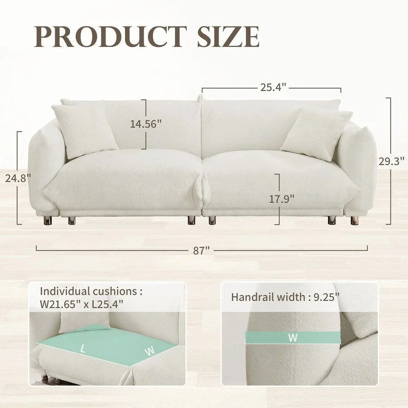 86.5 Teddy Velvet Large Bread Sofa With Pillows White