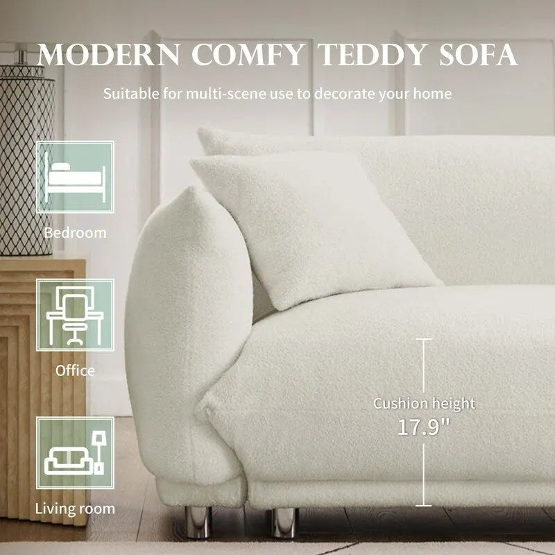 86.5 Teddy Velvet Large Bread Sofa With Pillows White