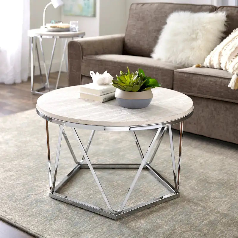 SEI Furniture Henderson Faux Marble Silver Finish Round Coffee Table