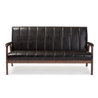 Baxton Studio Nikko Mid-century Modern Scandinavian Style Dark Brown Faux Leather Wooden 3-Seater Sofa