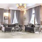 Addae Glam Grey Velvet Fabric Upholstered Button Tufted Sofa by Furniture of America