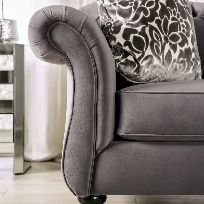 Addae Glam Grey Velvet Fabric Upholstered Button Tufted Sofa by Furniture of America