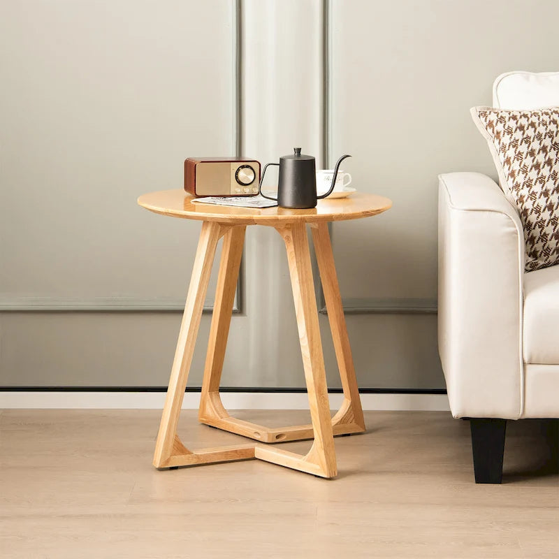 24 Round Side Table Solid Rubber Wood End Table Beside Sofa & Bed