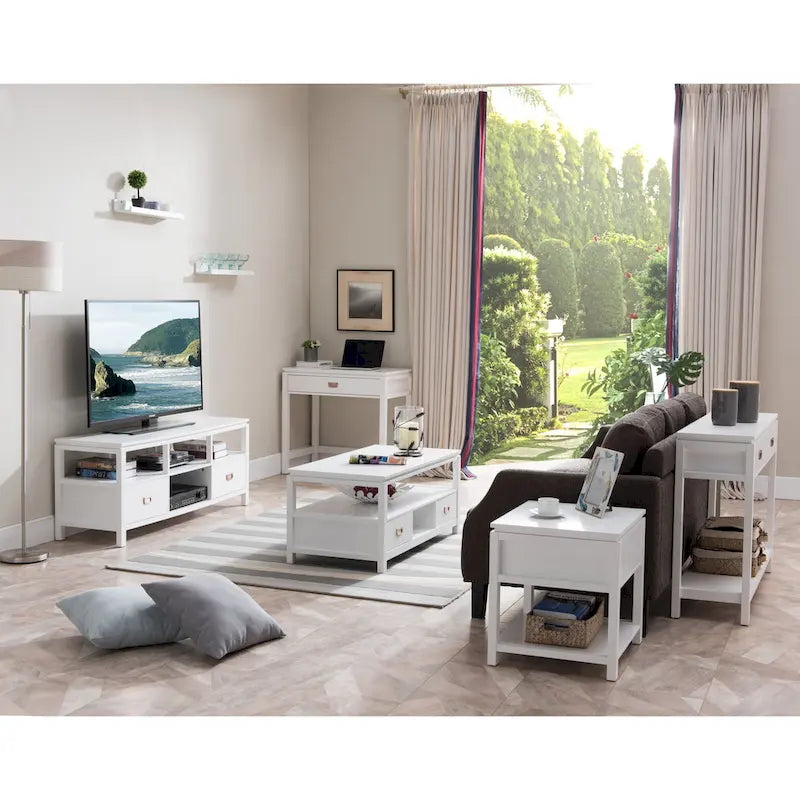 3 Piece White Finish Wood Storage Occasional Table Set, Coffee Table & 2 End Tables