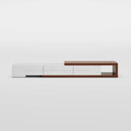 Modern Extendable White TV Stand, Solid Wood Media Console for Up to 100 Inch TV with 3 Drawers, Fully-Assembled, Walnut Veneer