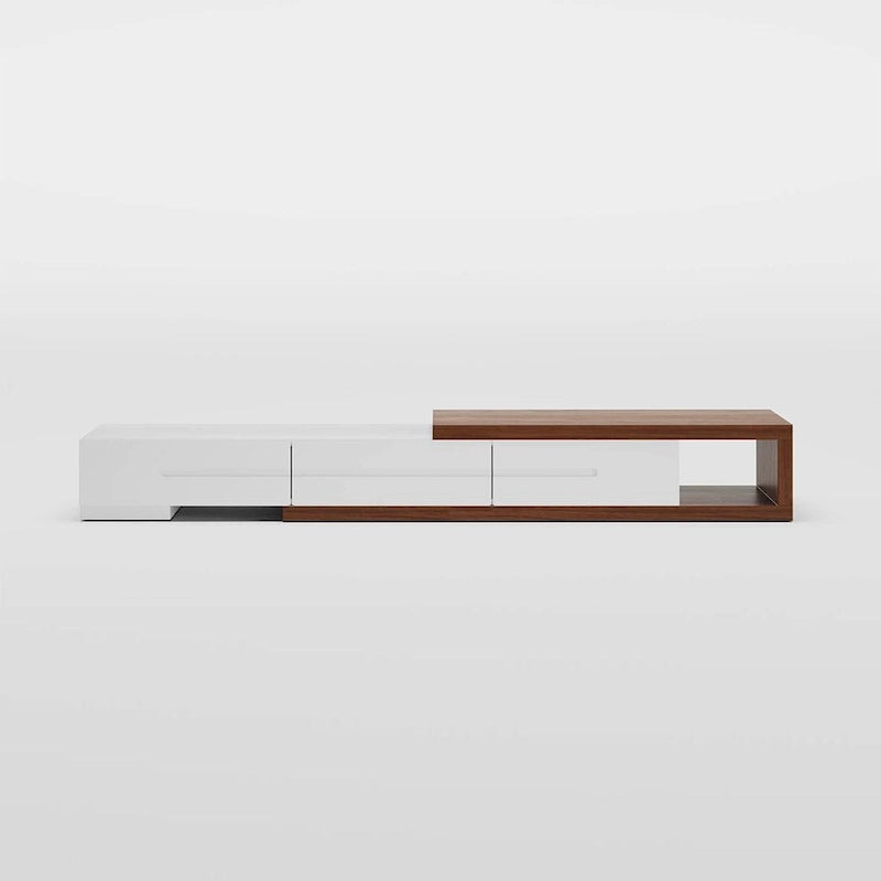 Modern Extendable White TV Stand, Solid Wood Media Console for Up to 100 Inch TV with 3 Drawers, Fully-Assembled, Walnut Veneer