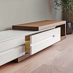 Modern Extendable White TV Stand, Solid Wood Media Console for Up to 100 Inch TV with 3 Drawers, Fully-Assembled, Walnut Veneer
