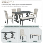 6-Piece Retro Rectangular Dining Table Set, Table with Unique Legs and 4 Upholstered Chairs & 1 Bench for Dining Room