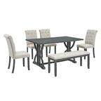 6-Piece Retro Rectangular Dining Table Set, Table with Unique Legs and 4 Upholstered Chairs & 1 Bench for Dining Room