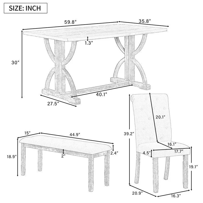 6-Piece Retro Rectangular Dining Table Set, Table with Unique Legs and 4 Upholstered Chairs & 1 Bench for Dining Room